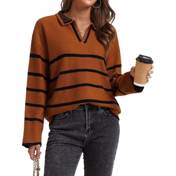 Sweaters - Women’s Caramel Fall Polo Sweater Striped V Neck Long Sleeve Pullover